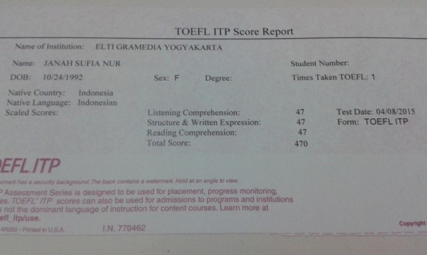Hasil Tes TOEFL ITP 2